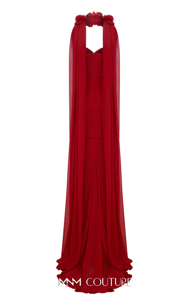 MNM Couture Style N0655 black organza mini dress with floral-adorned cape, sweetheart neckline & cascading train. | Couture Shop LA