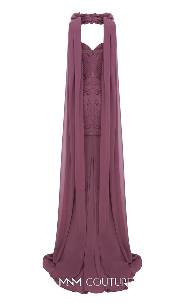 MNM Couture Style N0655 black organza mini dress with floral-adorned cape, sweetheart neckline & cascading train. | Couture Shop LA