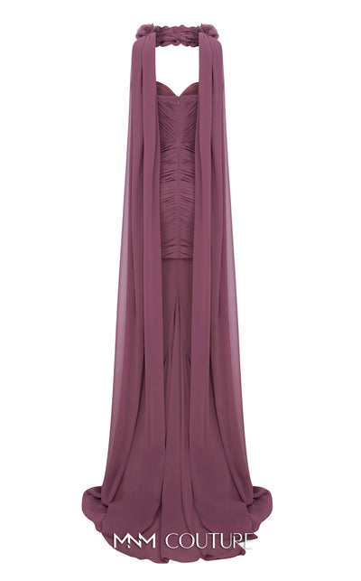 MNM Couture Style N0655 black organza mini dress with floral-adorned cape, sweetheart neckline & cascading train. | Couture Shop LA