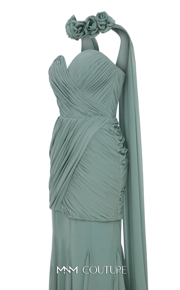 MNM Couture Style N0655 black organza mini dress with floral-adorned cape, sweetheart neckline & cascading train. | Couture Shop LA