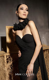 MNM Couture Style N0655 black organza mini dress with floral-adorned cape, sweetheart neckline & cascading train. | Couture Shop LA