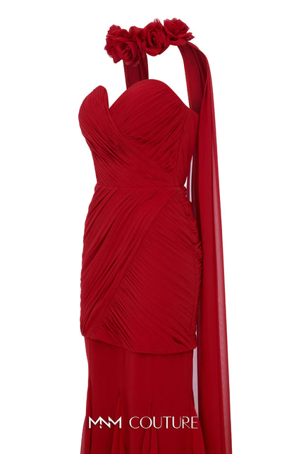 MNM Couture Style N0655 black organza mini dress with floral-adorned cape, sweetheart neckline & cascading train. | Couture Shop LA