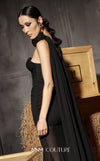 MNM Couture Style N0655 black organza mini dress with floral-adorned cape, sweetheart neckline & cascading train. | Couture Shop LA
