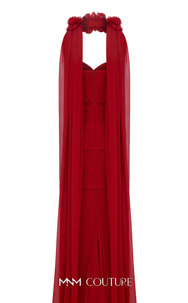 MNM Couture Style N0655 black organza mini dress with floral-adorned cape, sweetheart neckline & cascading train. | Couture Shop LA