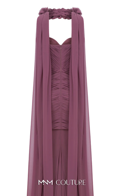 MNM Couture Style N0655 black organza mini dress with floral-adorned cape, sweetheart neckline & cascading train. | Couture Shop LA