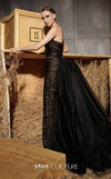 MNM Couture Style N0656 black lace column dress featuring a semi-sweetheart neckline, fitted silhouette, organza back skirt with train, and elegant gloves. | Couture Shop LA