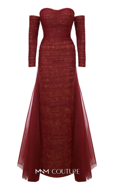 MNM Couture Style N0656 black lace column dress featuring a semi-sweetheart neckline, fitted silhouette, organza back skirt with train, and elegant gloves. | Couture Shop LA