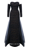 MNM Couture Style N0656 black lace column dress featuring a semi-sweetheart neckline, fitted silhouette, organza back skirt with train, and elegant gloves. | Couture Shop LA
