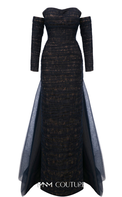 MNM Couture Style N0656 black lace column dress featuring a semi-sweetheart neckline, fitted silhouette, organza back skirt with train, and elegant gloves. | Couture Shop LA