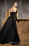MNM Couture Style N0656 black lace column dress featuring a semi-sweetheart neckline, fitted silhouette, organza back skirt with train, and elegant gloves. | Couture Shop LA