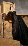 MNM Couture Style N0656 black lace column dress featuring a semi-sweetheart neckline, fitted silhouette, organza back skirt with train, and elegant gloves. | Couture Shop LA