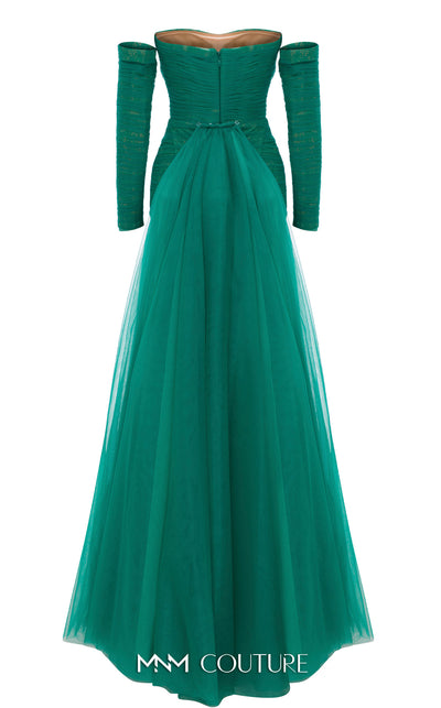 MNM Couture Style N0656 black lace column dress featuring a semi-sweetheart neckline, fitted silhouette, organza back skirt with train, and elegant gloves. | Couture Shop LA