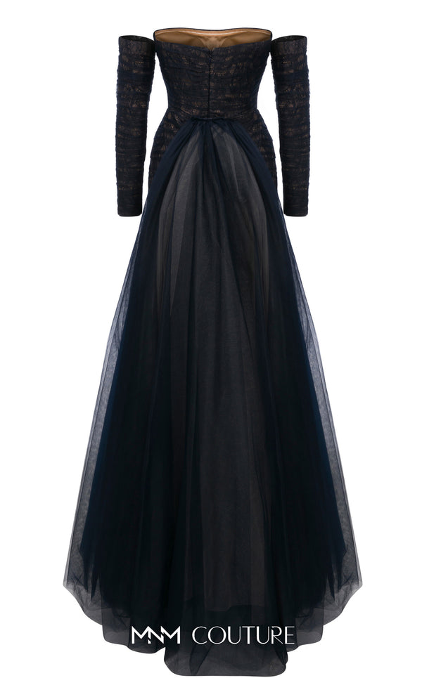 MNM Couture Style N0656 black lace column dress featuring a semi-sweetheart neckline, fitted silhouette, organza back skirt with train, and elegant gloves. | Couture Shop LA