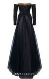 MNM Couture Style N0656 black lace column dress featuring a semi-sweetheart neckline, fitted silhouette, organza back skirt with train, and elegant gloves. | Couture Shop LA