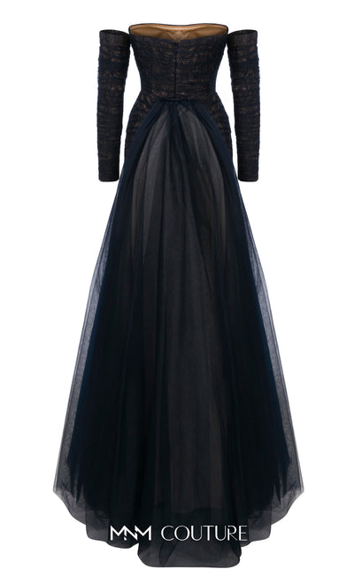 MNM Couture Style N0656 black lace column dress featuring a semi-sweetheart neckline, fitted silhouette, organza back skirt with train, and elegant gloves. | Couture Shop LA