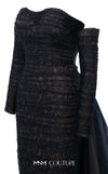 MNM Couture Style N0656 black lace column dress featuring a semi-sweetheart neckline, fitted silhouette, organza back skirt with train, and elegant gloves. | Couture Shop LA