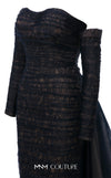 MNM Couture Style N0656 black lace column dress featuring a semi-sweetheart neckline, fitted silhouette, organza back skirt with train, and elegant gloves. | Couture Shop LA