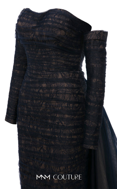 MNM Couture Style N0656 black lace column dress featuring a semi-sweetheart neckline, fitted silhouette, organza back skirt with train, and elegant gloves. | Couture Shop LA