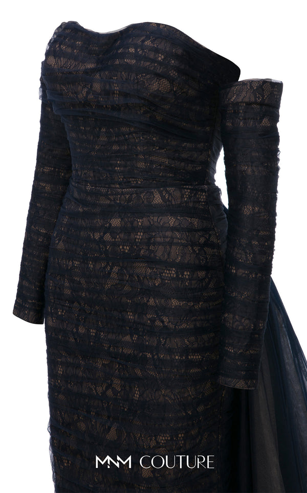 MNM Couture Style N0656 black lace column dress featuring a semi-sweetheart neckline, fitted silhouette, organza back skirt with train, and elegant gloves. | Couture Shop LA