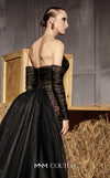 MNM Couture Style N0656 black lace column dress featuring a semi-sweetheart neckline, fitted silhouette, organza back skirt with train, and elegant gloves. | Couture Shop LA