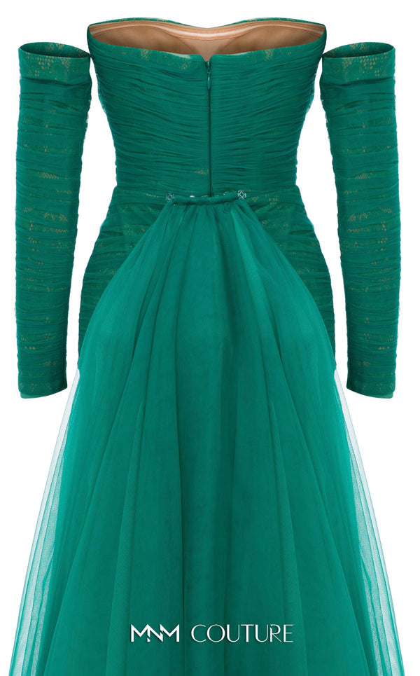 MNM Couture Style N0656 black lace column dress featuring a semi-sweetheart neckline, fitted silhouette, organza back skirt with train, and elegant gloves. | Couture Shop LA