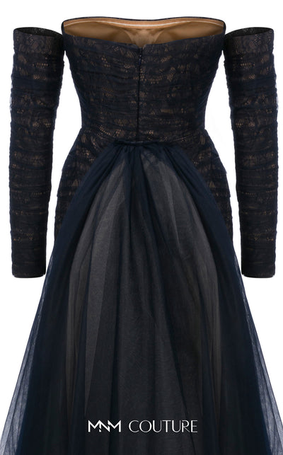 MNM Couture Style N0656 black lace column dress featuring a semi-sweetheart neckline, fitted silhouette, organza back skirt with train, and elegant gloves. | Couture Shop LA