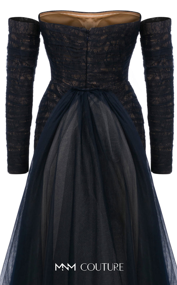 MNM Couture Style N0656 black lace column dress featuring a semi-sweetheart neckline, fitted silhouette, organza back skirt with train, and elegant gloves. | Couture Shop LA