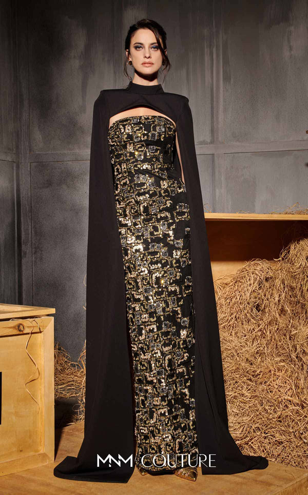 MNM Couture Style N0657 black mesh embroidered gown with cape sleeves & column fit. | Couture Shop LA