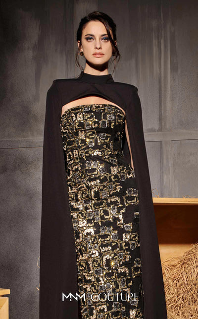 MNM Couture Style N0657 black mesh embroidered gown with cape sleeves & column fit. | Couture Shop LA