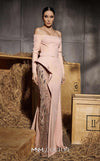 MNM Couture Style N0660 - Elegant pink rayon crepe column dress featuring off-shoulder long sleeves, sequined embroidery, and a dramatic peplum skirt | Couture Shop LA