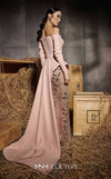 MNM Couture Style N0660 - Elegant pink rayon crepe column dress featuring off-shoulder long sleeves, sequined embroidery, and a dramatic peplum skirt | Couture Shop LA