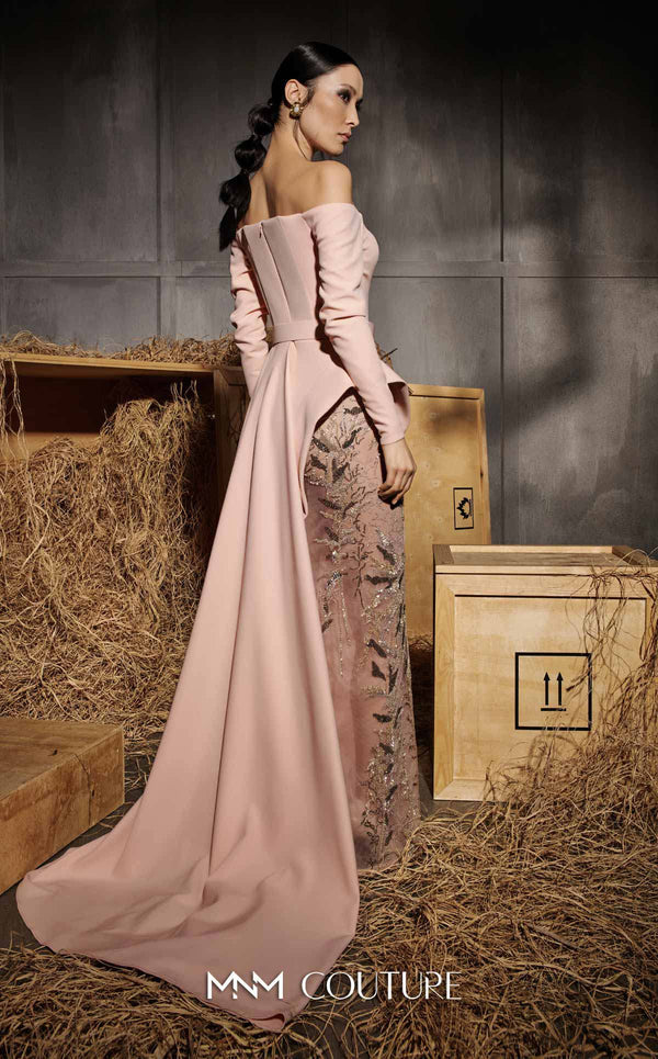 MNM Couture Style N0660 - Elegant pink rayon crepe column dress featuring off-shoulder long sleeves, sequined embroidery, and a dramatic peplum skirt | Couture Shop LA