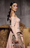 MNM Couture Style N0660 - Elegant pink rayon crepe column dress featuring off-shoulder long sleeves, sequined embroidery, and a dramatic peplum skirt | Couture Shop LA
