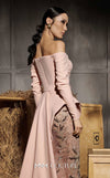 MNM Couture Style N0660 - Elegant pink rayon crepe column dress featuring off-shoulder long sleeves, sequined embroidery, and a dramatic peplum skirt | Couture Shop LA