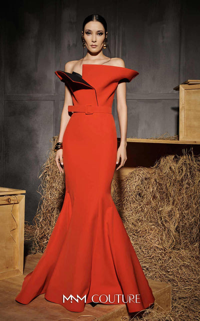 MNM Couture Style N0661 coral dress with a mermaid silhouette, cap off-shoulder sleeves & asymmetric neckline. | Couture Shop LA
