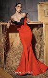 MNM Couture Style N0661 coral dress with a mermaid silhouette, cap off-shoulder sleeves & asymmetric neckline. | Couture Shop LA