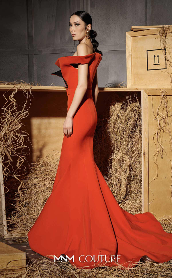 MNM Couture Style N0661 coral dress with a mermaid silhouette, cap off-shoulder sleeves & asymmetric neckline. | Couture Shop LA