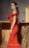 MNM Couture Style N0661 coral dress with a mermaid silhouette, cap off-shoulder sleeves & asymmetric neckline. | Couture Shop LA