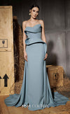 MNM Couture Style N0664 light blue rayon crepe sleeveless gown with asymmetric neckline & clean column fit. | Couture Shop LA