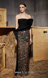 MNM Couture Style N0665 - Elegant black embroidered column gown featuring a see-through sequined skirt, side tassel, and asymmetrical sleeve design | Couture Shop LA