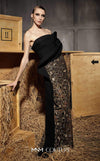 MNM Couture Style N0665 - Elegant black embroidered column gown featuring a see-through sequined skirt, side tassel, and asymmetrical sleeve design | Couture Shop LA