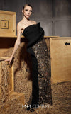 MNM Couture Style N0665 - Elegant black embroidered column gown featuring a see-through sequined skirt, side tassel, and asymmetrical sleeve design | Couture Shop LA