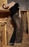 MNM Couture Style N0665 - Elegant black embroidered column gown featuring a see-through sequined skirt, side tassel, and asymmetrical sleeve design | Couture Shop LA
