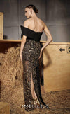 MNM Couture Style N0665 - Elegant black embroidered column gown featuring a see-through sequined skirt, side tassel, and asymmetrical sleeve design | Couture Shop LA
