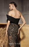 MNM Couture Style N0665 - Elegant black embroidered column gown featuring a see-through sequined skirt, side tassel, and asymmetrical sleeve design | Couture Shop LA