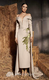 MNM Couture Style N0666 beige rayon crepe maxi with off-shoulder sleeves & deep sweetheart neckline. | Couture Shop LA