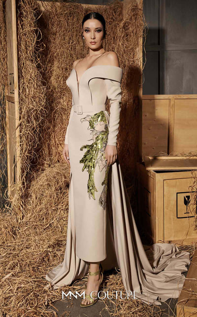 MNM Couture Style N0666 beige rayon crepe maxi with off-shoulder sleeves & deep sweetheart neckline. | Couture Shop LA
