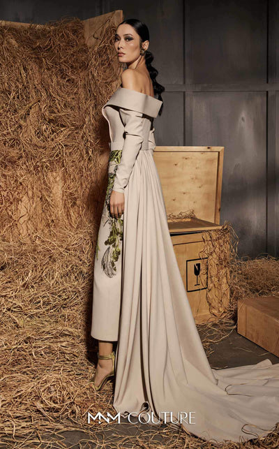 MNM Couture Style N0666 beige rayon crepe maxi with off-shoulder sleeves & deep sweetheart neckline. | Couture Shop LA