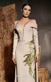 MNM Couture Style N0666 beige rayon crepe maxi with off-shoulder sleeves & deep sweetheart neckline. | Couture Shop LA