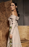 MNM Couture Style N0666 beige rayon crepe maxi with off-shoulder sleeves & deep sweetheart neckline. | Couture Shop LA